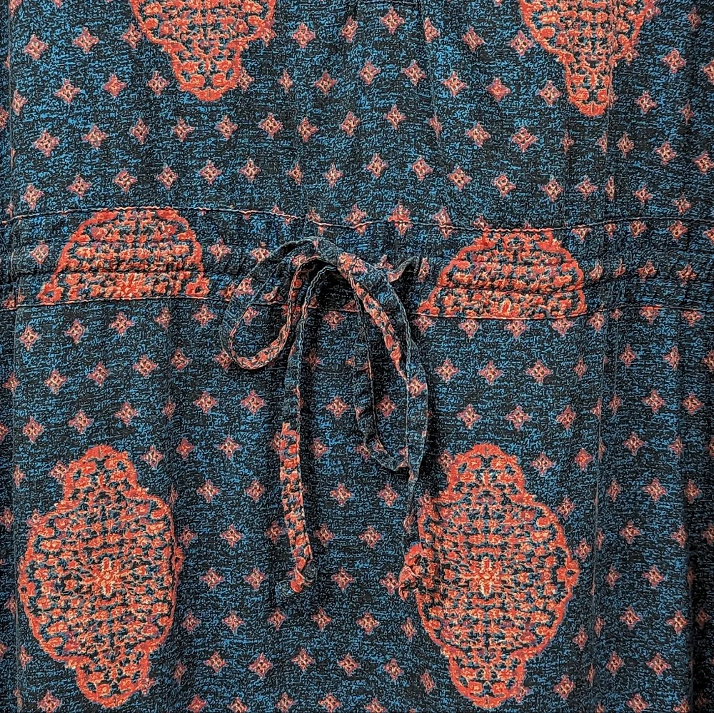 Lucky Brand Tank Dress Drawstring Waist Button Front Medallion Print Blue Pink S